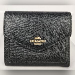 Coach Crossgrain Leather Compact Trifold Wallet Mini Flap Snap Black Light Gold